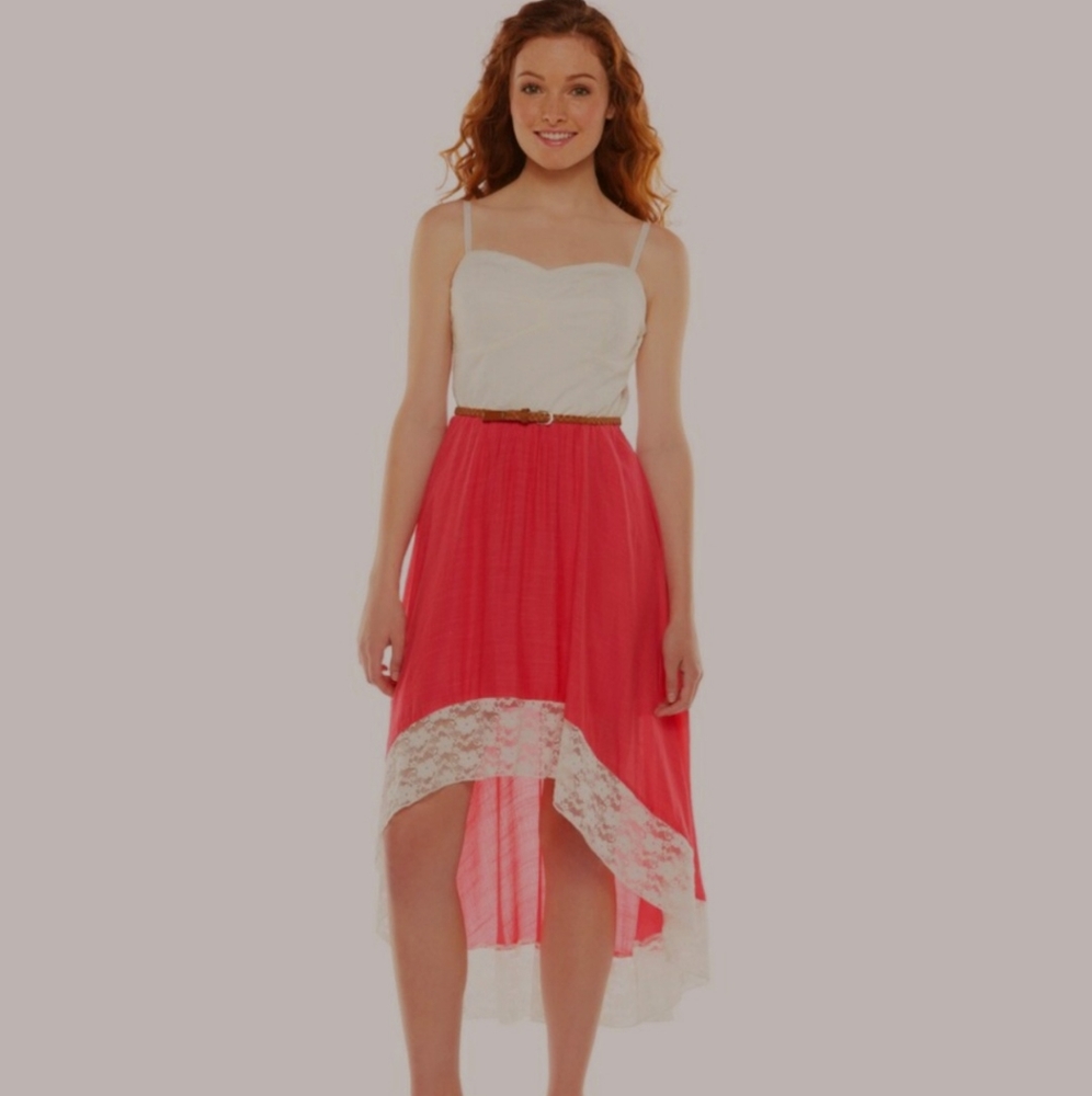 High Low Belted Lace Dress (Tan & White lace)